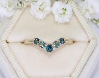 Green Blue Ombre Natural Sapphires Cluster Nesting Flair Wedding Ring