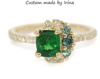 1.5 carat Half Moon Ombre Crescent Halo Natural Emerald Cluster Ring