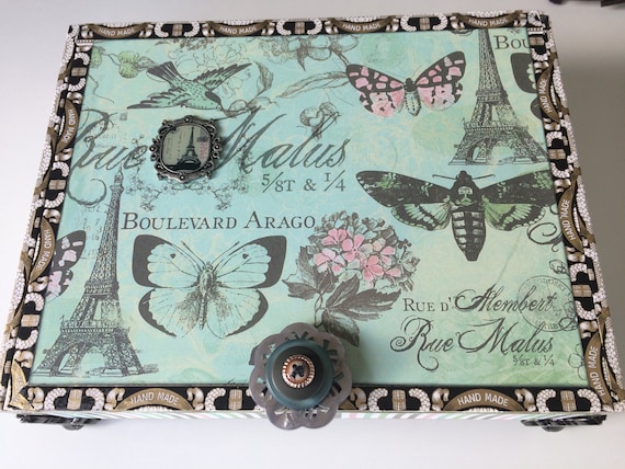 Paris/French Decorative Box Altered Cigar Box Jewelery Box Keepsake Box Embellished Box