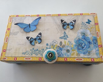 Blue Butterflies  Springtime Memory Box Jewelery Box Keepsake Box One Of A Kind Altered Cigar Box Storage Box Embellished Box Decorative Box