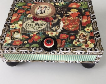 The Cat's Meow  Decorated Feline Cats  Altered Embellished Cigar Box Memory Jewelery Storage Box