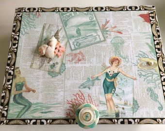 Vintage Aqua Decorative Box with Ocean Shells