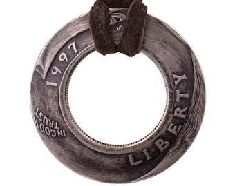 Silver Quarter Inverted Coin Pendant with Deerskin Leather Necklace (1992-1998) - Unique Handcrafted Jewelry