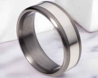 Brushed Titanium Ring with Coin Silver Inlay | Stylish Men's Wedding Band | Handcrafted Jewelry