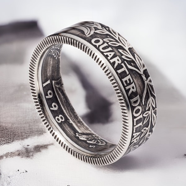 Silver Quarter Ring from 1992-1998: "Tails" Design with Patina Finish - Elegant Silver Coin Ring Jewelry