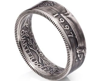 Quarter Ring: Silver Coin Ring (1992-1998) 'Heads' Design with Patina Finish - Handmade Jewelry