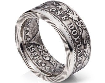 10mm Morgan Dollar Ring (1921): Men's Silver Coin Ring with "Tails" Design - Patina Finish - Elegant Mens Rings - Timeless Coin Rings