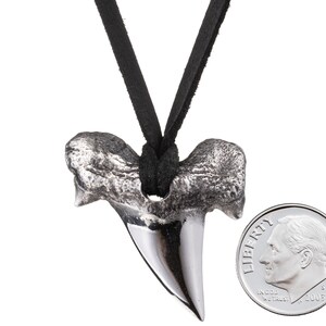 Silver shark's tooth pendant next to a silver dime for size comparison.