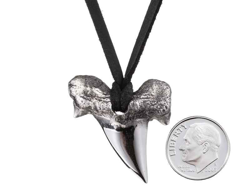 Silver shark's tooth pendant next to a silver dime for size comparison.