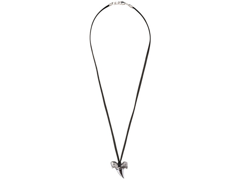 Poured silver shark's tooth pendant, suspended from a deerskin leather necklace with sterling silver findings.