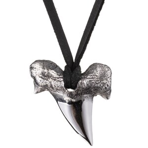 Frontal image of poured silver shark's tooth pendant and deerskin leather necklace.