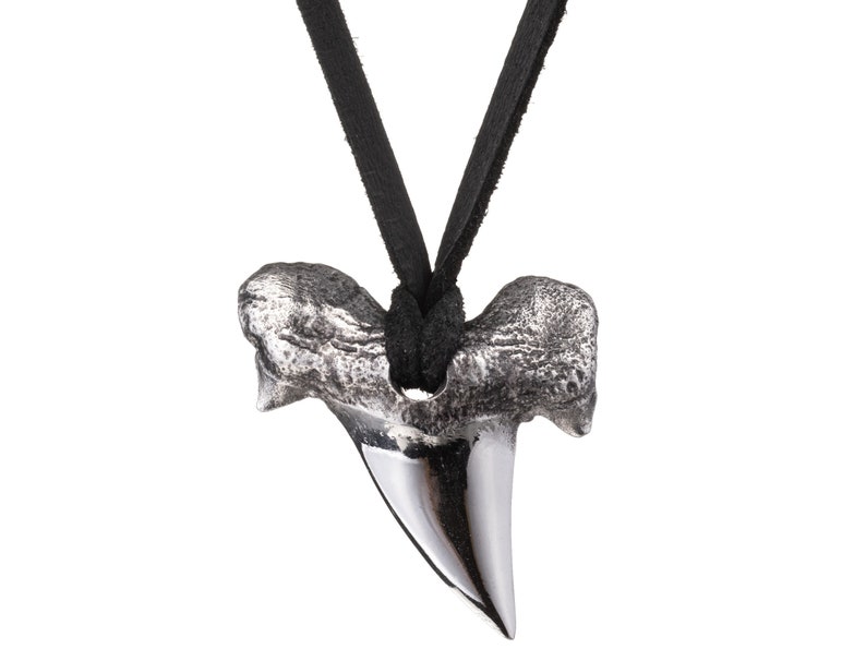 Frontal image of poured silver shark's tooth pendant and deerskin leather necklace.