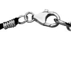 Close up of black deerskin leather necklace with sterling silver findings, wrapped in sterling silver wire. Silver findings include lobster clasp.
