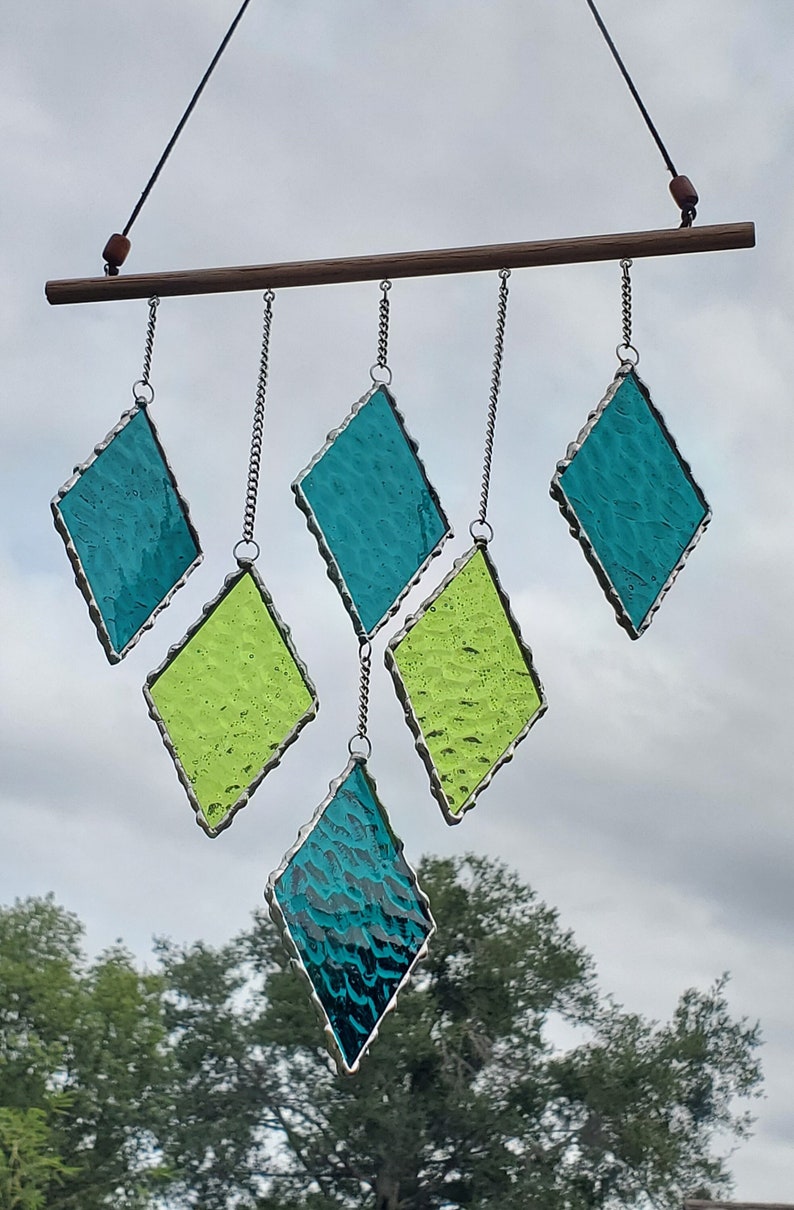 Teal & Green Stained Glass Diamond Suncatcher, Minimalist Window Art - Etsy