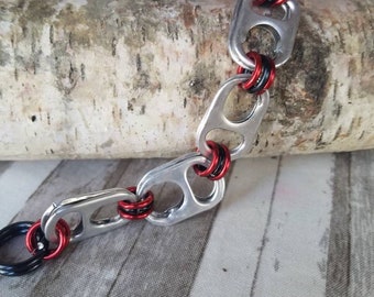 Red and Black Recycled Soda Can Tab Bracelet with Toggle Clasp