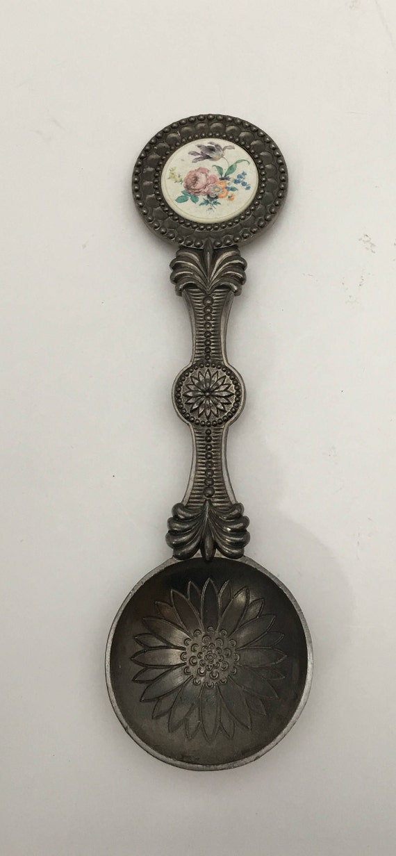 Vintage SKS Design 95% Zinn Round Bowl Spoon Floral Design Germany