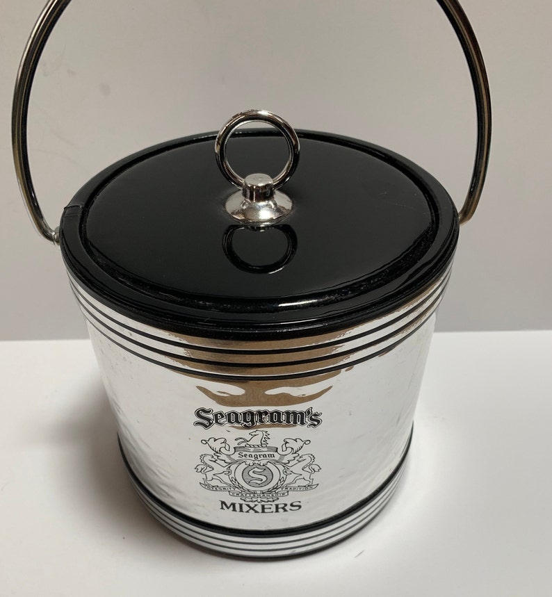 Vintage Kraftware Seagrams Mixers Ice Bucket Black Silver Chrome Color