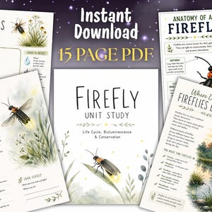 May include: A 15-page PDF unit study about fireflies featuring watercolor illustrations of insects, their anatomy, and habitats. The pages include text titled Design a Home for Fireflies, Anatomy of a Firefly, Meet the Firefly, and Where Do Fireflies Live?