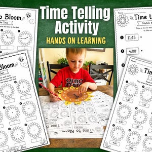 May include: A set of educational worksheets titled Time to Bloom featuring clock-based math activities, alongside a sunflower-shaped paper clock manipulative with black hands and numbers, designed for teaching children how to tell time.
