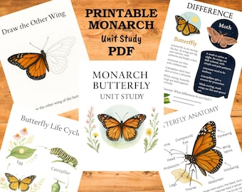 May include: A printable Monarch butterfly unit study PDF featuring educational pages with illustrations of the butterfly life cycle, anatomy, and a comparison between butterflies and moths, including text labels and drawing activities.