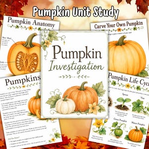 May include: A collection of educational worksheets titled Pumpkin Unit Study, Pumpkin Anatomy, Carve Your Own Pumpkin, Pumpkins, and Pumpkin Life Cycle, featuring illustrations of pumpkins, vines, and leaves with text.