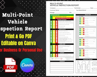 May include: A printable vehicle inspection report template with a green, yellow, and red checklist for different vehicle components. The template is editable on Canva and includes sections for brake and tyre, interior/exterior, under vehicle, under hood, battery, and prior body damage.