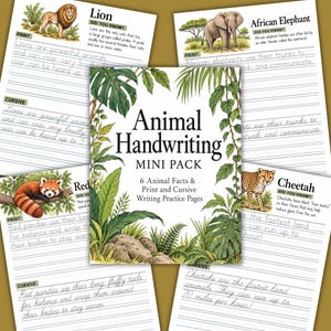 May include: An Animal Handwriting Mini Pack educational set featuring practice pages with illustrations of a lion, African elephant, red panda, and cheetah, including print and cursive writing exercises with animal facts and jungle foliage.