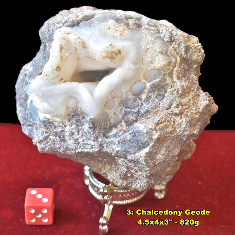 20 FAVE Mineral Specimens: incl Pyrolusite Tigereye Turritella Prehnite Amethyst Chalcedony Travertine Jasper 3: Chalcedony Geode