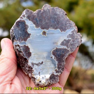 May include: A rough-edged, irregularly shaped stone with a light blue and white center, framed by dark brown and gray areas. The stone is approximately 4 x 3 x 2 inches and weighs 300 grams. The text "22: 4x3x2" - 300g" is visible.