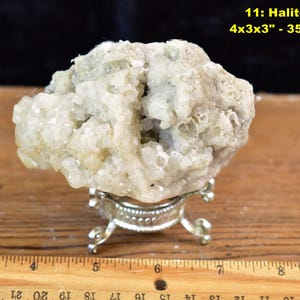 May include: A light-colored halite specimen, approximately 4x3x3 inches, displayed on a decorative silver stand. The mineral has a rough, textured surface. The image includes the text "11: Halite 4x3x3" - 356 g".
