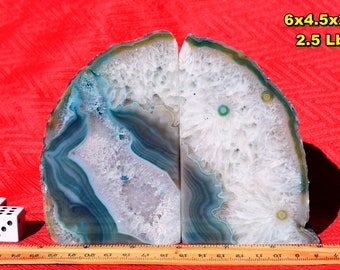 6-7" Agate & Quartz Crystal Geode BOOKENDS * Teal Blue Color * Choose Actual Set from 10 * Brazil