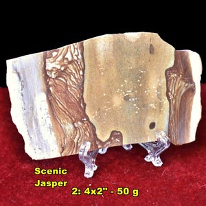 May include: Scenic Jasper stone, approximately 4x2 inches, displayed on a clear stand. The stone features a natural pattern with shades of brown, tan, and white. The text "Scenic Jasper" is visible on the image.