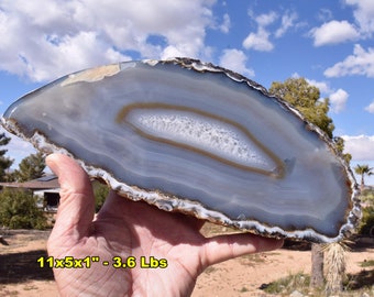 Large Natural Color Banded AGATE & Quartz CRYSTAL GEODE End Cut from Brazil * 11x5x1" - 3.6 Lbs * Polished Agate Nodule Specimen from Brazil