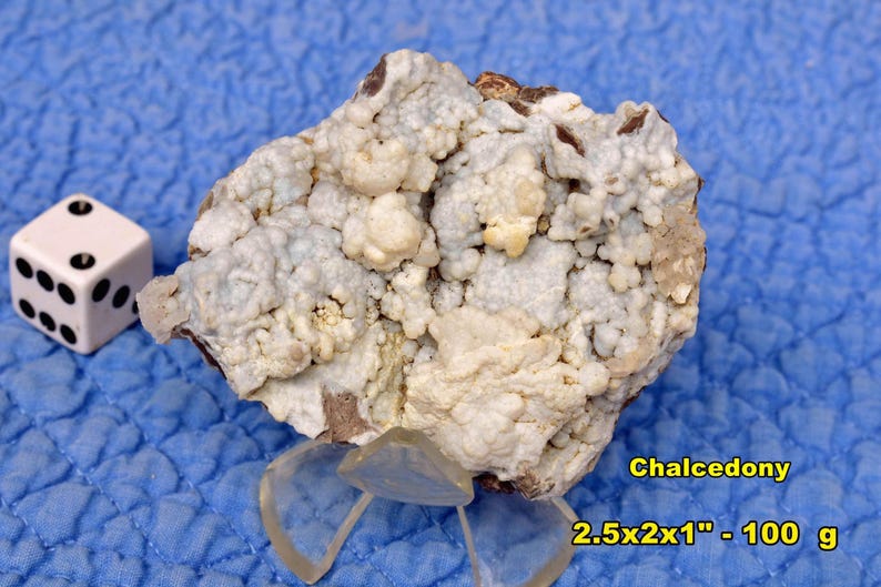 May include: A light-colored Chalcedony specimen with a textured, bubbly surface, displayed on a clear stand. A white die with black dots is next to the rock. The specimen is approximately 2.5 x 2 x 1 inches and weighs 100 grams.
