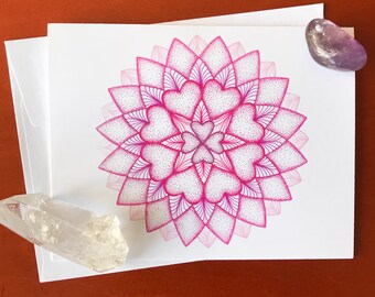 Pink Hearts mandala greeting card