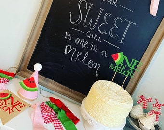 One in a Melon, watermelon birthday, melon decorations, summer birthday, sweet party, cake smash decor, one in a melon banner, cake topper