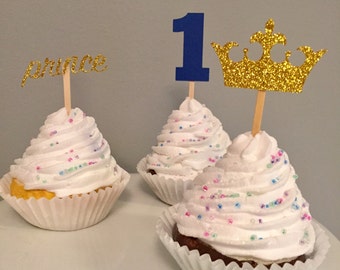 24 Silver or gold glitter crowns, prine birthday party, first birthday party, cupcake toppers, royal prince decorations