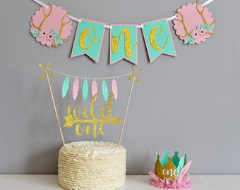 Wild one birthday, first birthday, girls first birthday, cake smash, cake smash outfit, high chair banner, birthday crown, cake topper