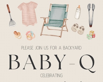 Baby-Q babyshoweruitnodiging achtertuin!! Perfecte uitnodiging voor een co-eding BBQ-babyshower!! Genderneutraal thema babyshower.