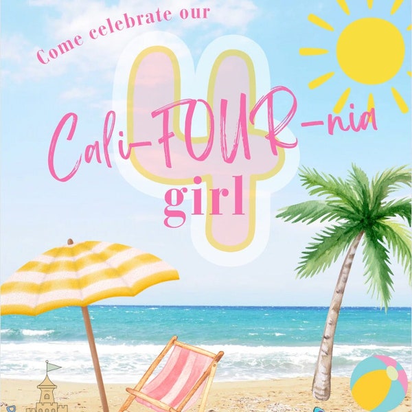 California Girl Birthday Invitation!! Editable Beach Theme Girls 4th Birthday Party Invite. Beach Theme! 4th Birthday Theme!!