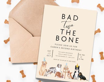 Dog Theme Second Birthday Invite!! Bad TWO The Bone!