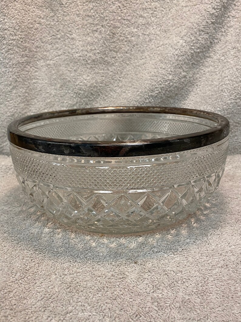 Vintage Heavy Cut Glass Salad Bowl with Silver Rim Kitchen Etsy