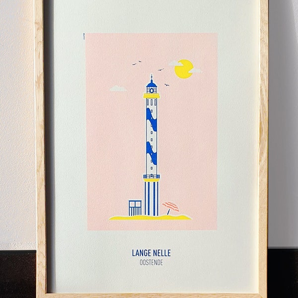 Lange Nelle, Ostend poster A3 riso print-  11.4 x 16.5 in - A3 - North sea - lighthouse