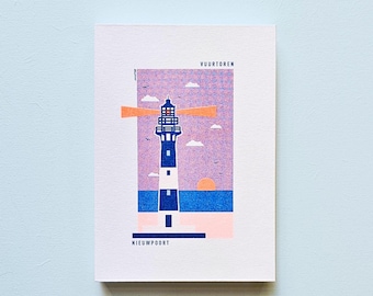 Postcard lighthouse Nieuwpoort -  risoprint + envelope