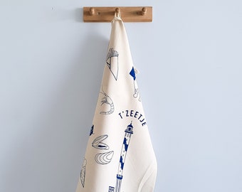 North sea - tea towel North sea - Lange Nelle - Ostend - Lighthouse - blue - fluo red organic cotton
