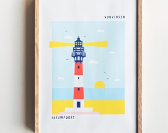Lighthouse Nieuwpoort A3 poster - offset print - 29,7 x 42 cm - lighthouse - North Sea