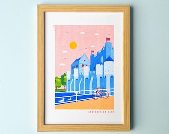 A5 poster Ghent Castle of the counts riso print  -  21 cm x 14,8 cm