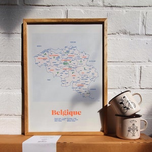 Carte Belgique Affiche A3 riso print - Fait main - 29,7 x 42 cm - NL ou FR - Orange fluo - bleu - vert