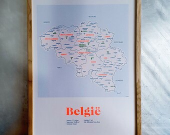 Map Belgium A3 screenprint -  11.4 x 16.5 in - A3 - FR - NL - Fluo oranje - groen - blauw