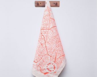 Gent - tea towel map Ghent - blue - fluo orange - gold